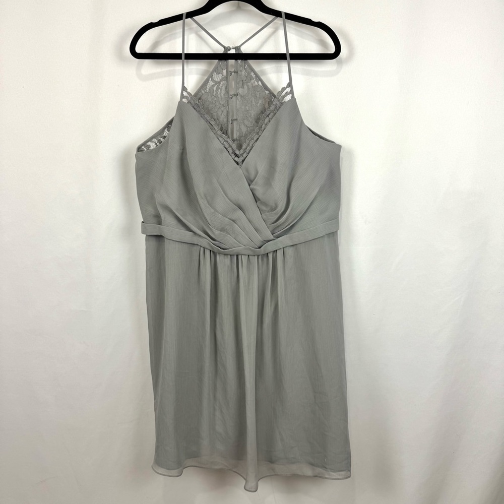 DAVID'S BRIDAL Grey Skinny Strap Bridesmaid Chiffon Dress Lace Back V-Neck Sz 18